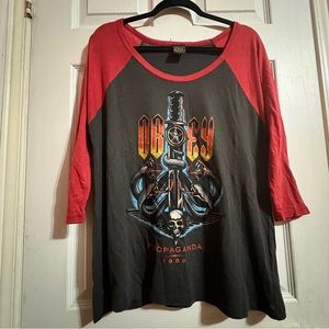 Obey womens long sleeve red & grey graphic print raglan baseball top